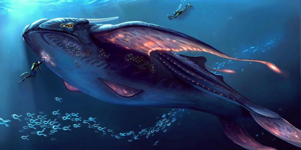 concept art of 2 divers interacting with a glow whale.