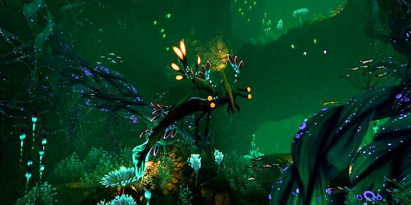 lilypaddler swimming around in green water of an undersea crevice.