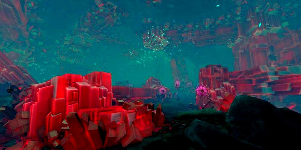 underwater cave with red crystals.