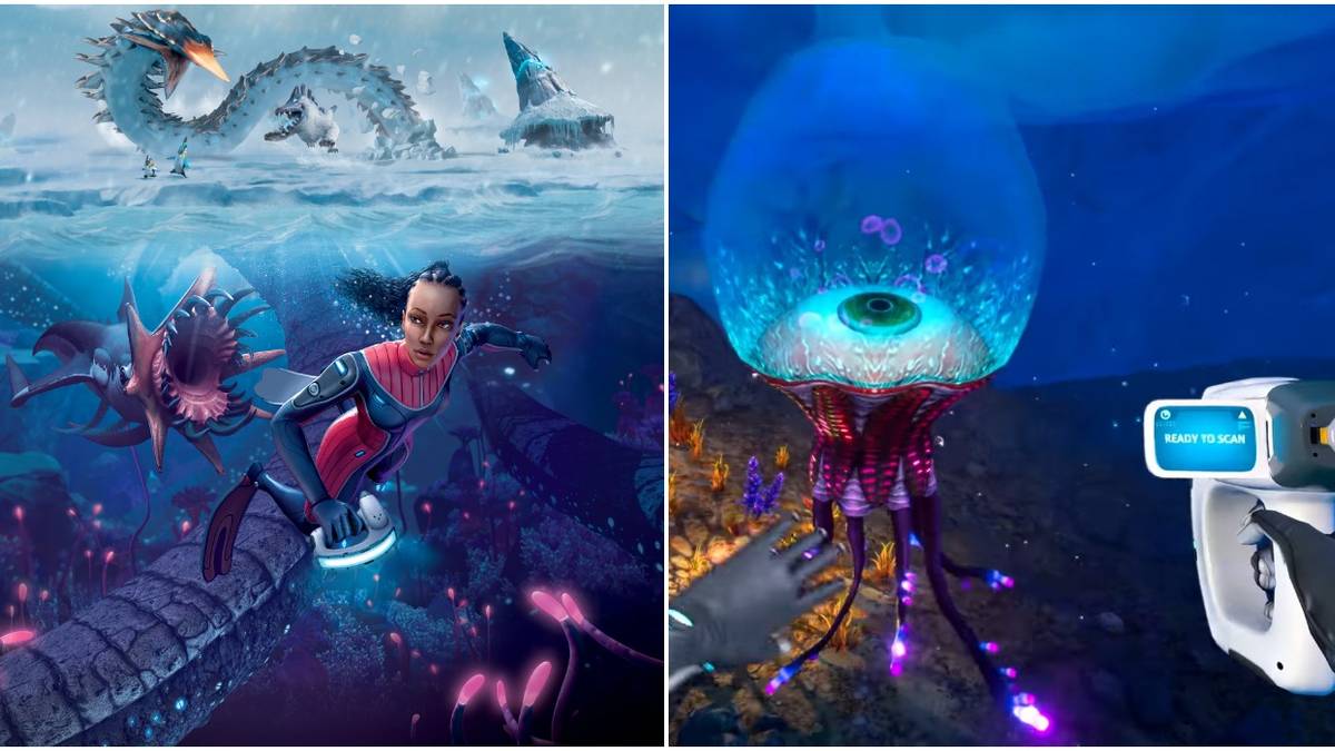 (Left) Promotional image of Robin holding scanner with predetors around (Right) gameplay footage of holding scanner near sealife