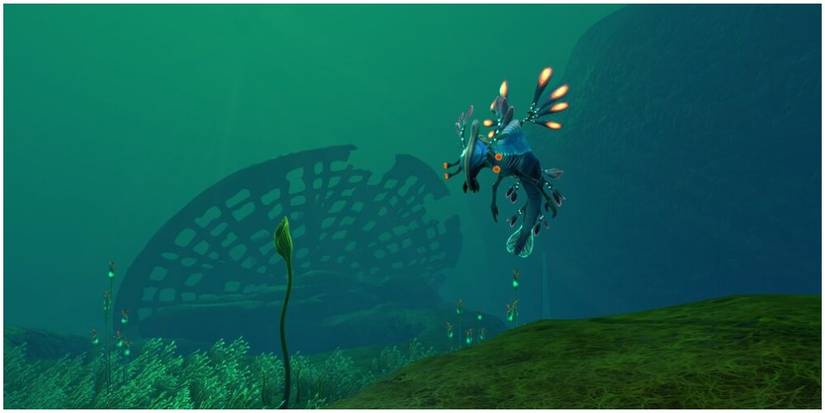 medium sized herbivore that is slow moving and has glowing fins.