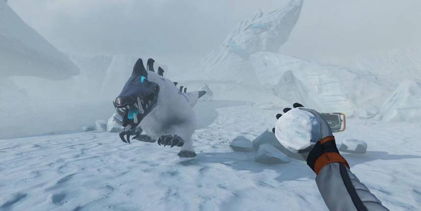 Robin holding a snowball as a Snow Stalker approaches