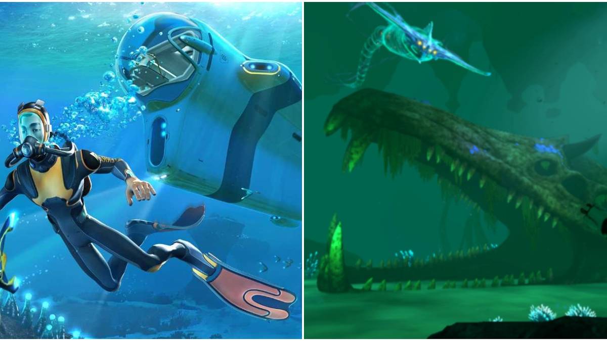 (Left) Subnautica front cover with driver and cyclops (Right) Skull and Ghost Leviathan