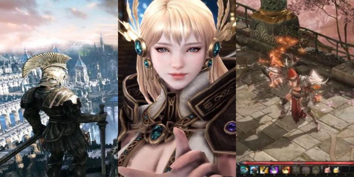 Lost Ark MMO, split images, city landscape, character close up, action screenshot