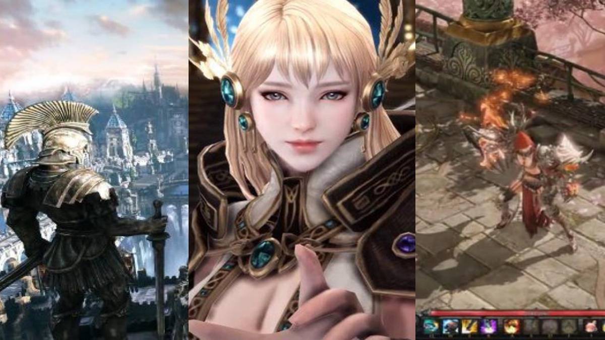 Lost Ark MMO, split images, city landscape, character close up, action screenshot