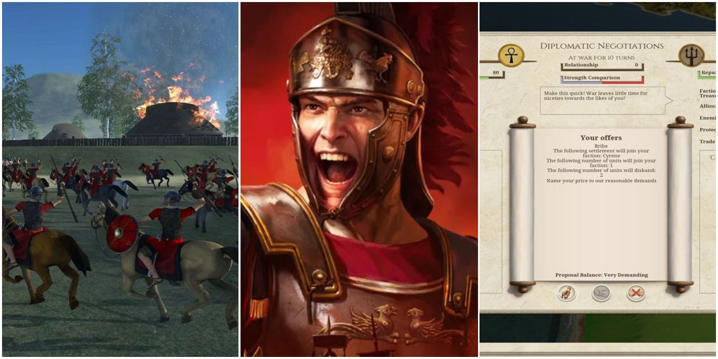 A landscape, soldier in a helmet, and a scroll in Total War: Rome