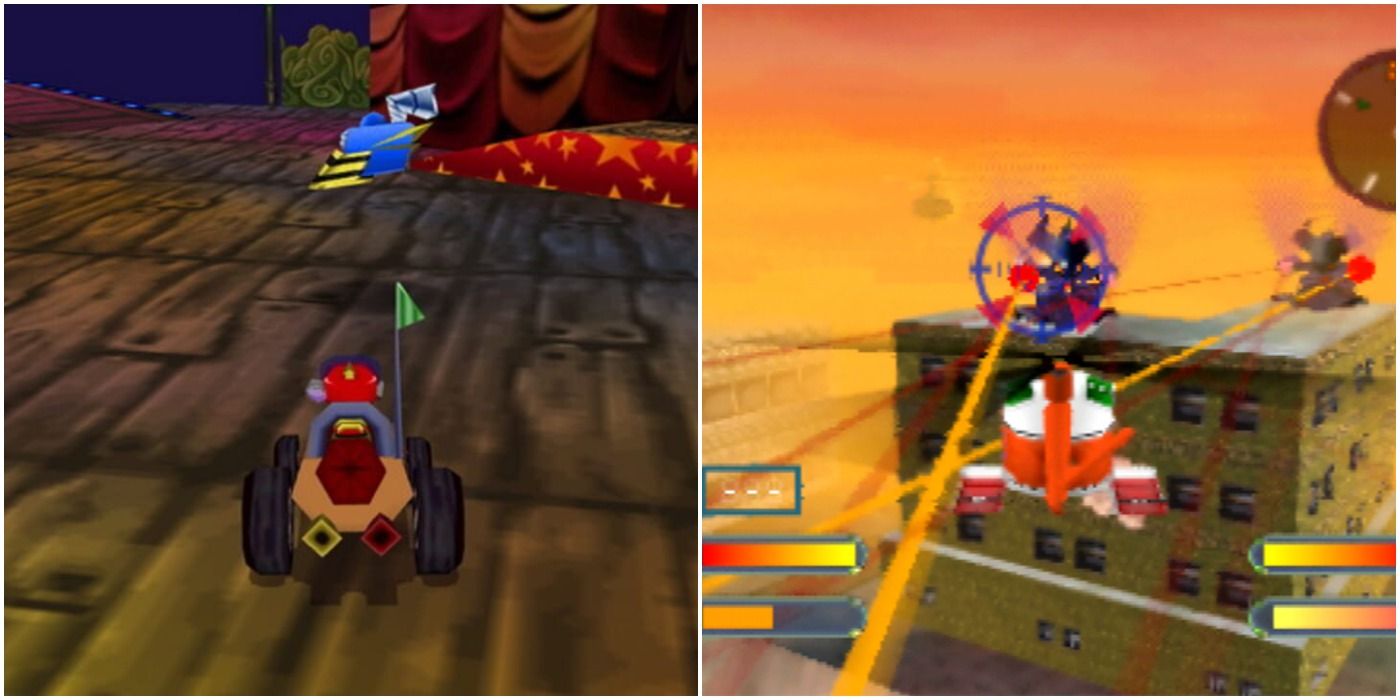 (Left) Playable character driving (Right) fighting in a city on a spaceship
