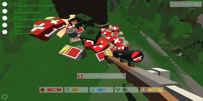 A Player Looking at a Pile of Medkits