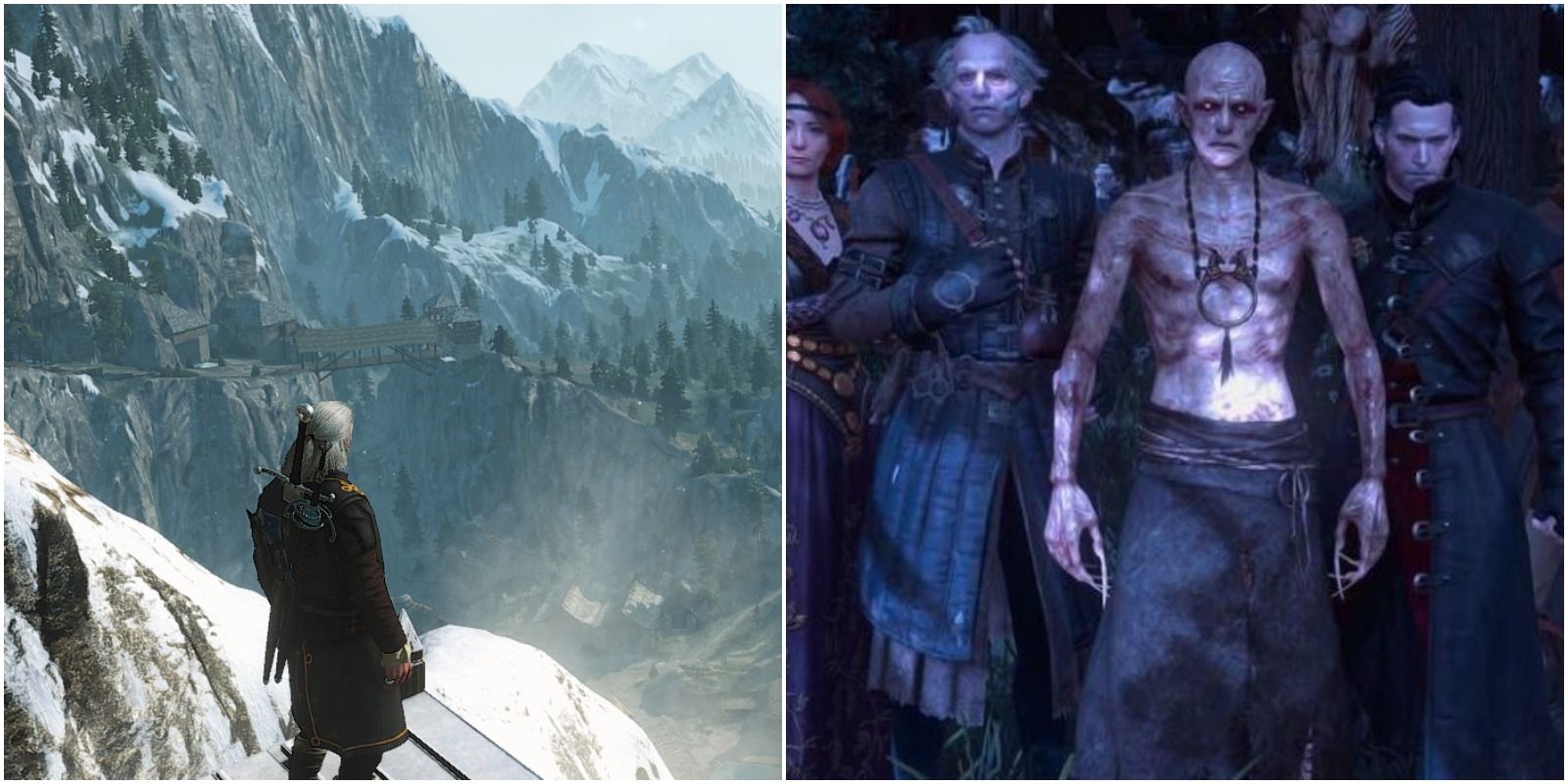 A mountain landscape in The Witcher 3 (left), and members of the School of the Bear (right)