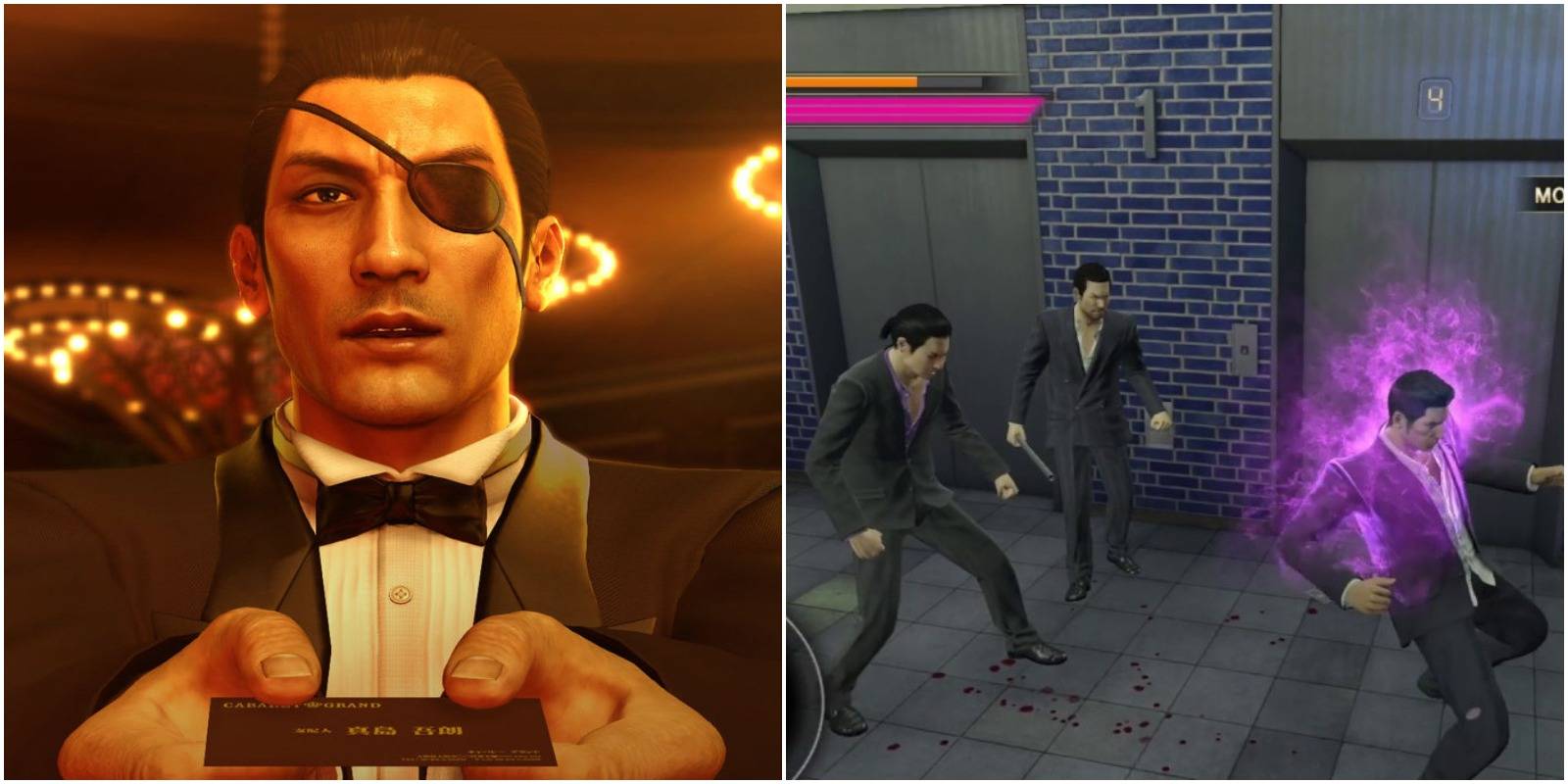 Character with eye patch (left); Yakuza 0 combat (right)