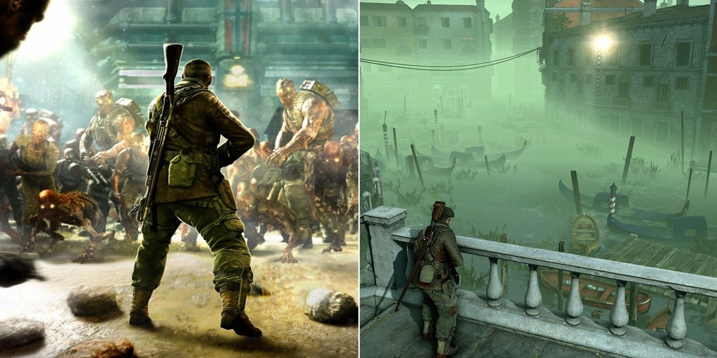 Split image Zombie Army 4 player facing oncoming horde of enemies and player looking over fence at boats in water