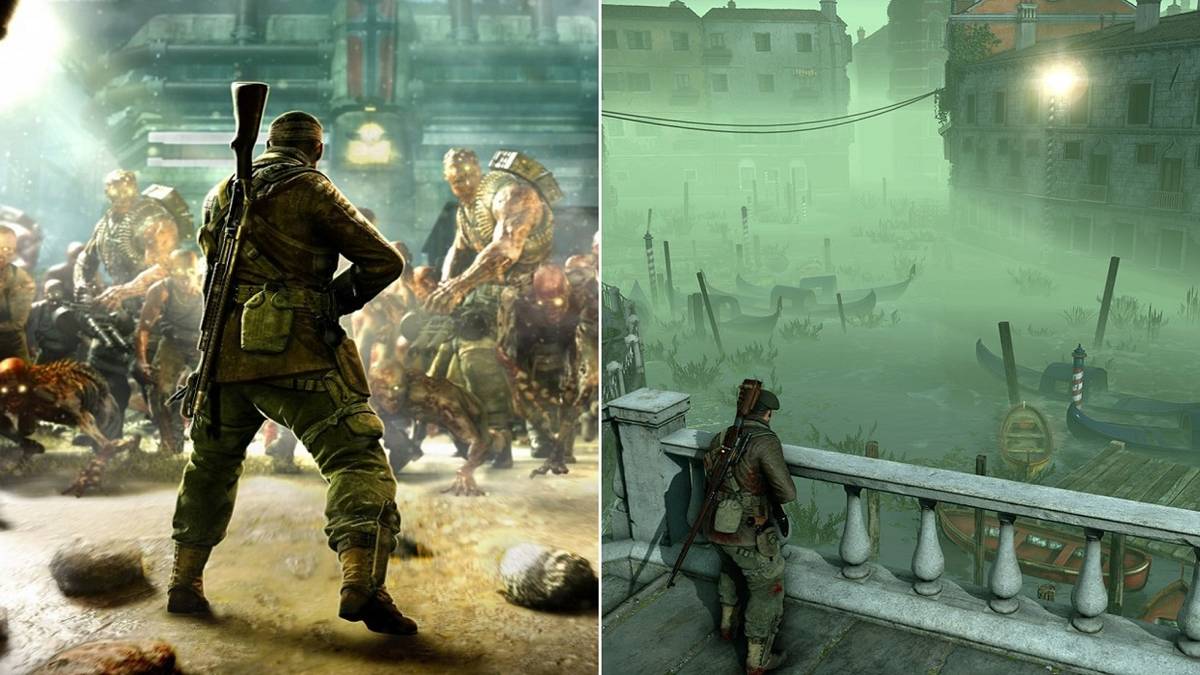 Split image Zombie Army 4 player facing oncoming horde of enemies and player looking over fence at boats in water