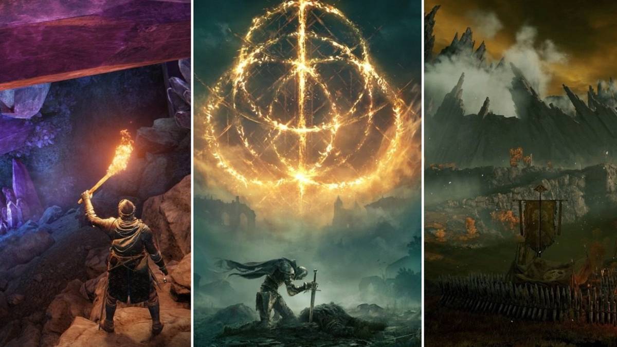 Elden Ring split of three images: portagonist exploring a dark cave, crouching outside beneath the Elden Ring in the sky and a dark, foreboding scene that seems to depict a battlefield