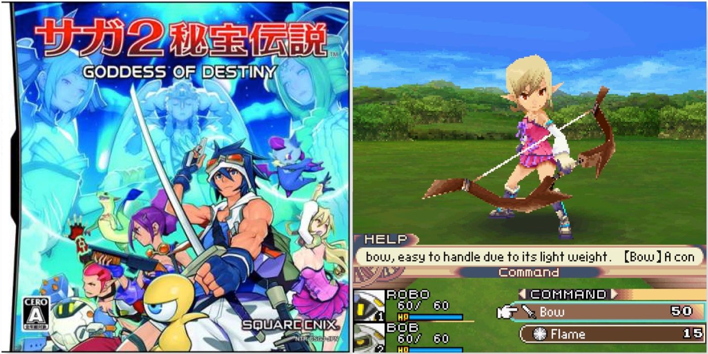 The cover and a gameplay screenshot from SaGa 2: Hiho Densetsu Goddess Of Destiny
