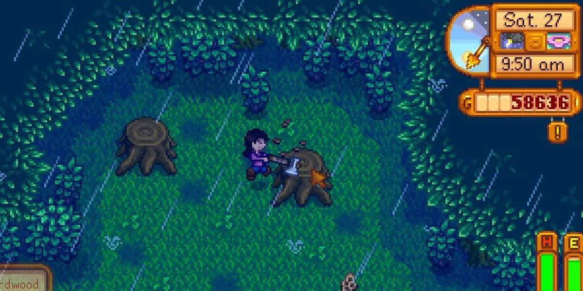 Chopping wood in the rain.