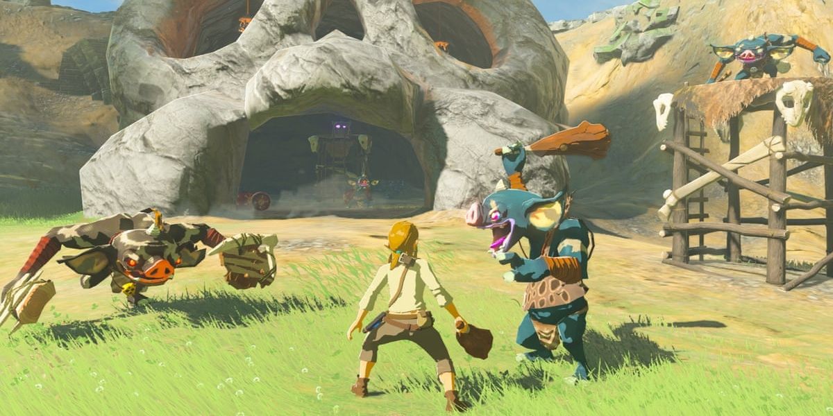 Link fighting enemies outside of skull cave.