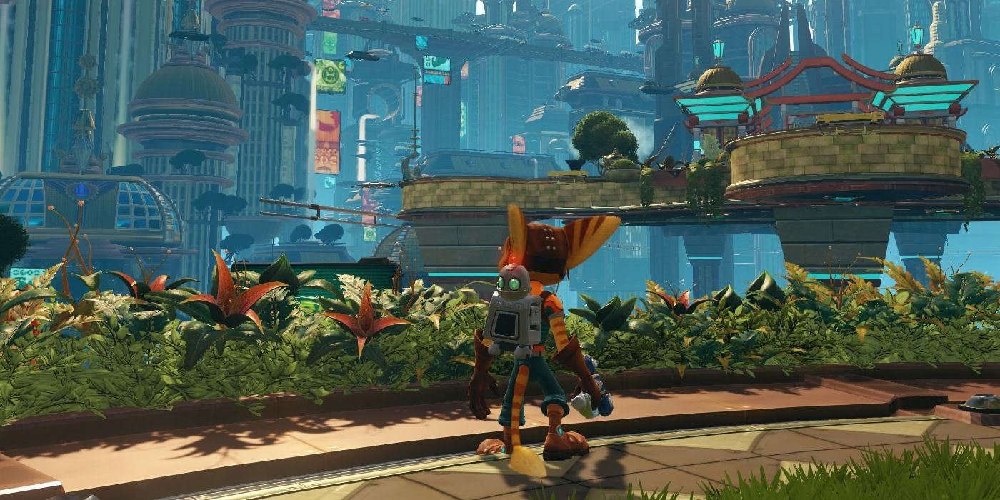 Exploring a level in from Ratchet And Clank