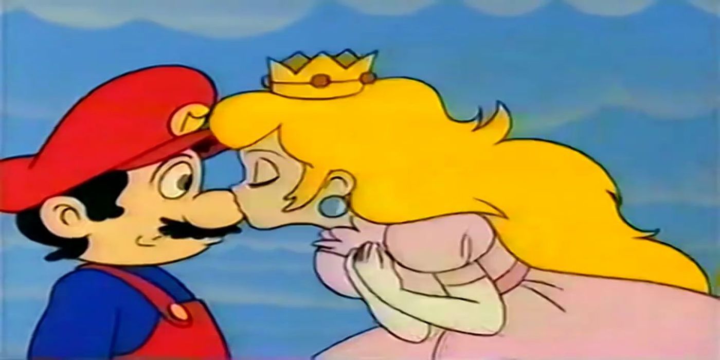 Peach kissing Mario from Super Mario Bros.: Peach-Hime Kyushutsu Dai Sakusen