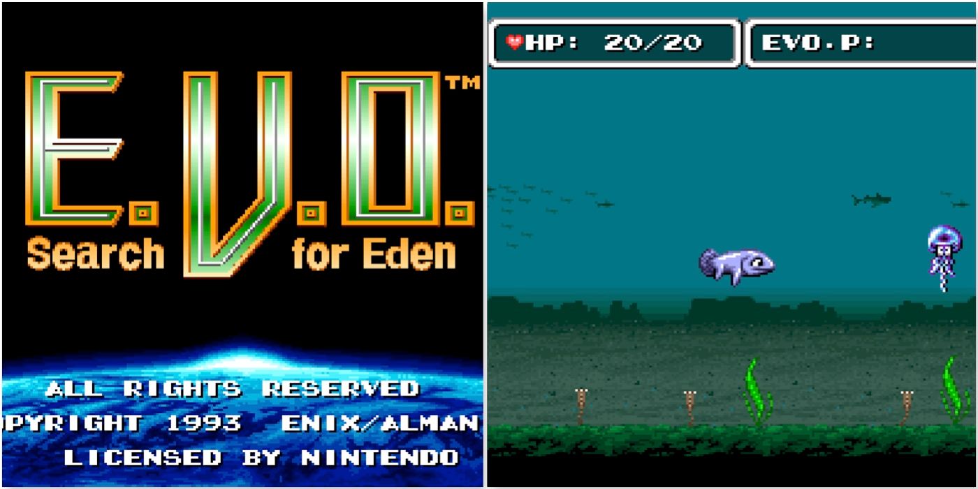 The cover and a gameplay screenshot from E.V.O.: Search For Eden