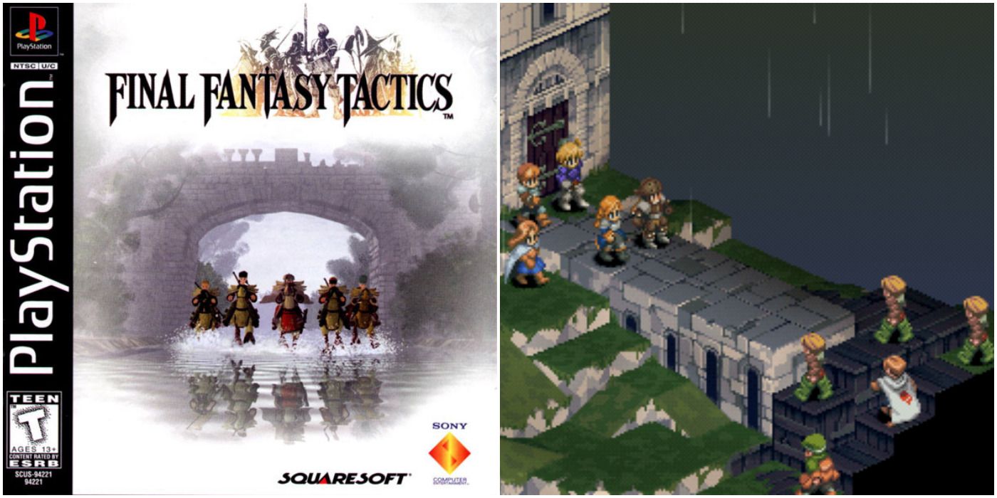 The cover and a gameplay screenshot from Final Fantasy Tactics