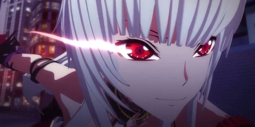 A girl with red eyes smiles in Shen Qi Huan Qi Tan