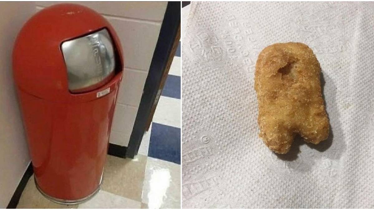 Red trash can (left); chicken nugget (right)