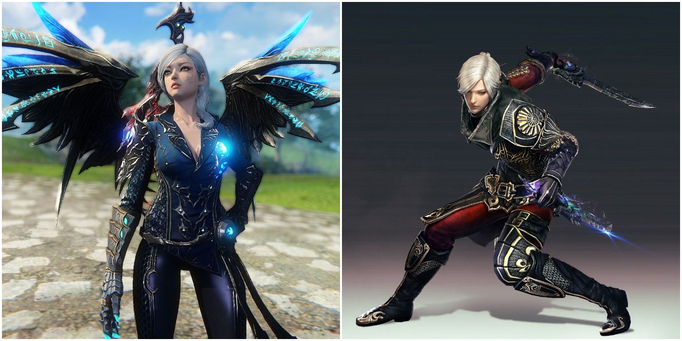 Riders Of Icarus Side By Side Female Assassin With Bladed Wings Looking Off Into Distance And Male Assassin Posing with Dual Daggers