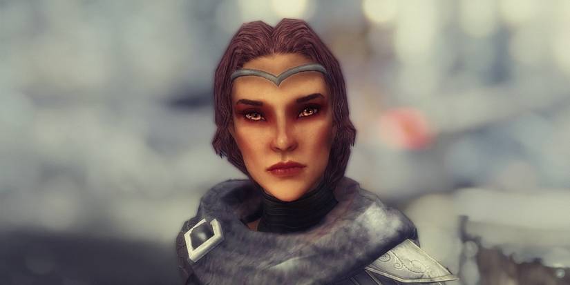 Aurlyn Dawnstone by mlee3141 with a blurred background outside in Skyrim