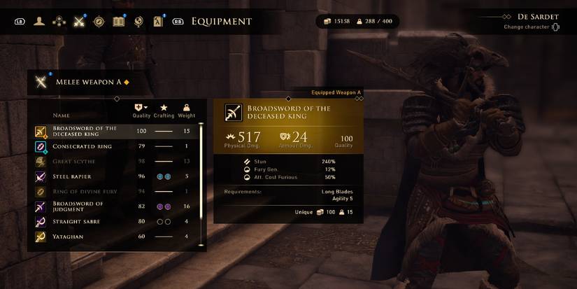 Legendary Weapon Stats Page, Greedfall