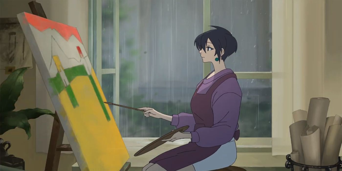 Художник сидит за мольбертом и рисует, пока на улице идет дождь,