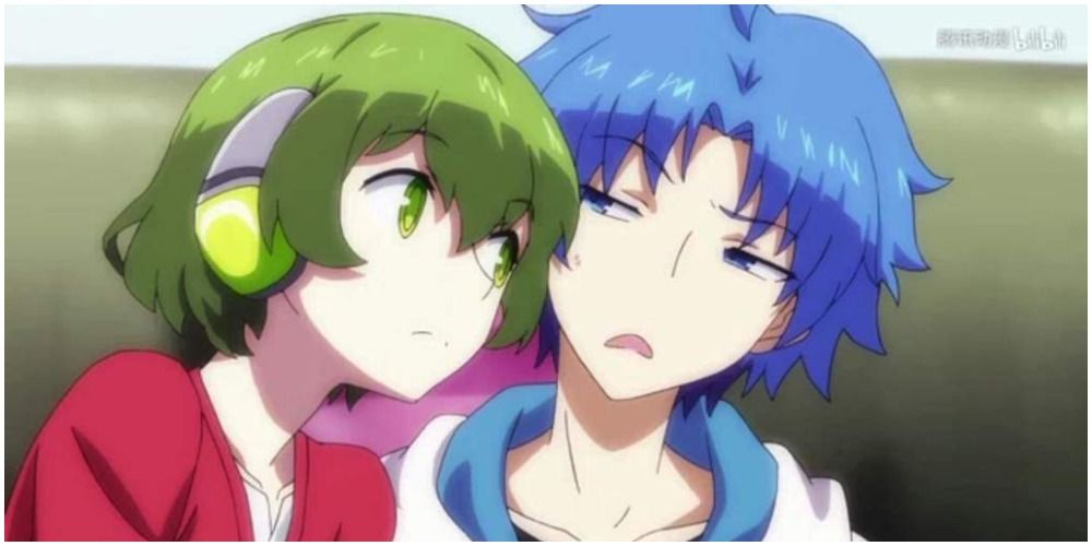 A boy with green hair leaning up against a boy with blue hair