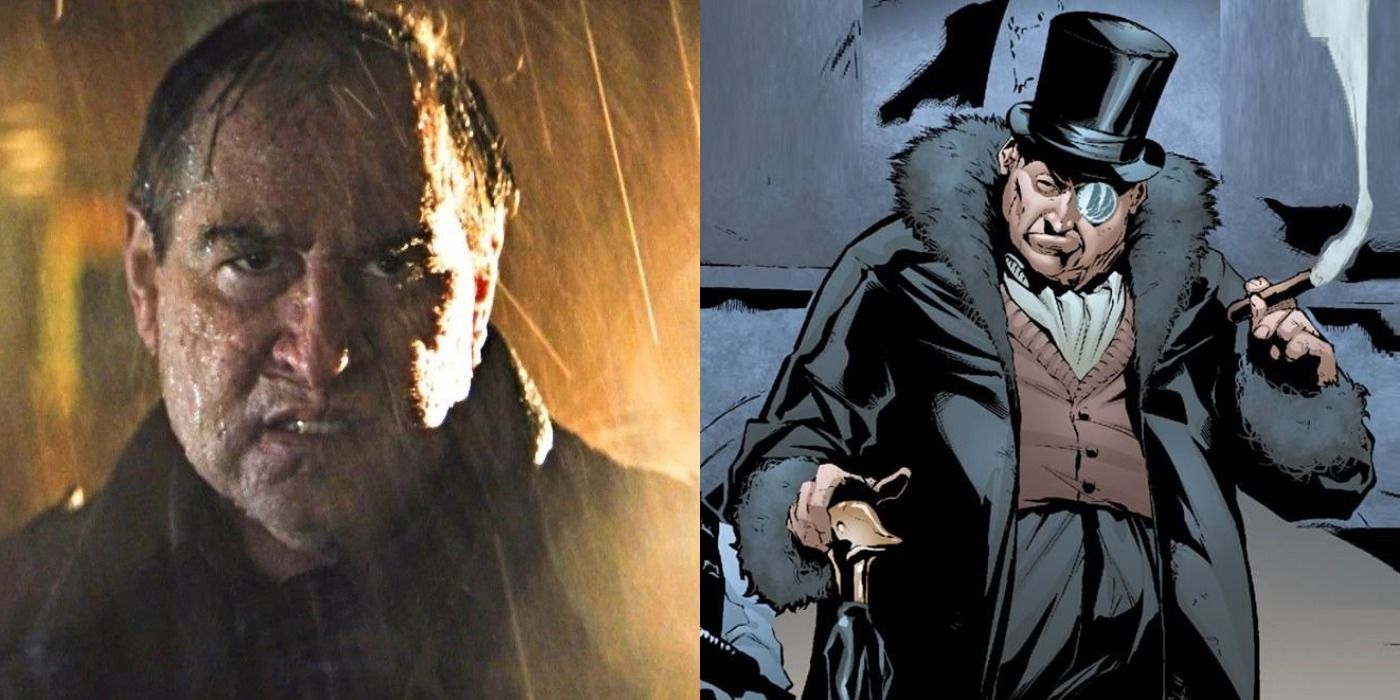 Split image Colin Farrell in The Batman and Penguin in DC comics
