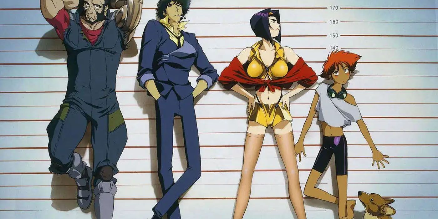 Cowboy Bebop's main characters from left to right: Jet Black, Spike Spiegel, Faye Valentine, Edward Wong, and Ein.
