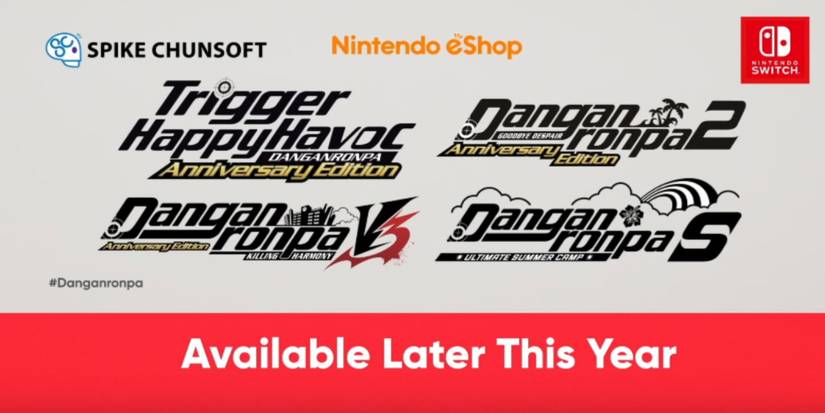 Logos for all three danganronpa games plus danganronpa S Ultimate Summer Camp