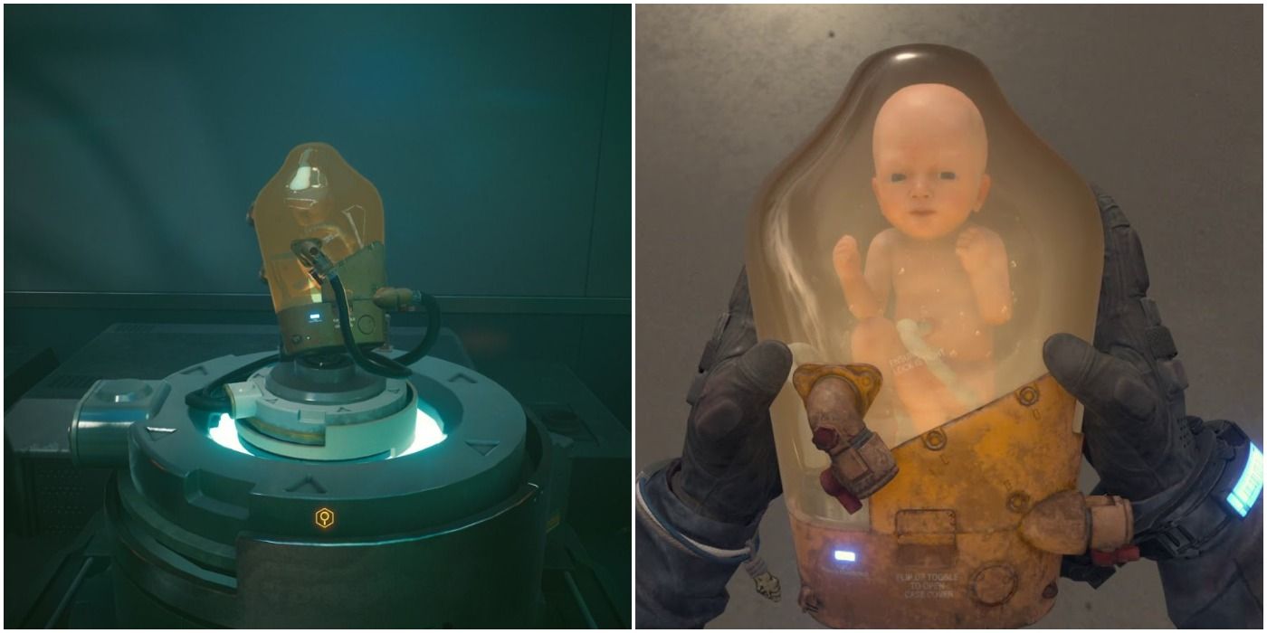 V finds a Bridge Baby from Death Stranding in Cyberpunk 2077