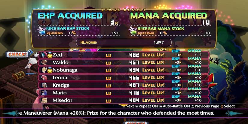 The EXP reward menu from Disgaea 6