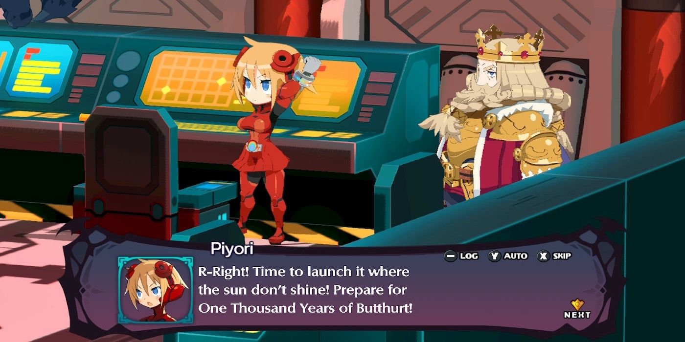 A story cutscene featuring characters from Disgaea 6