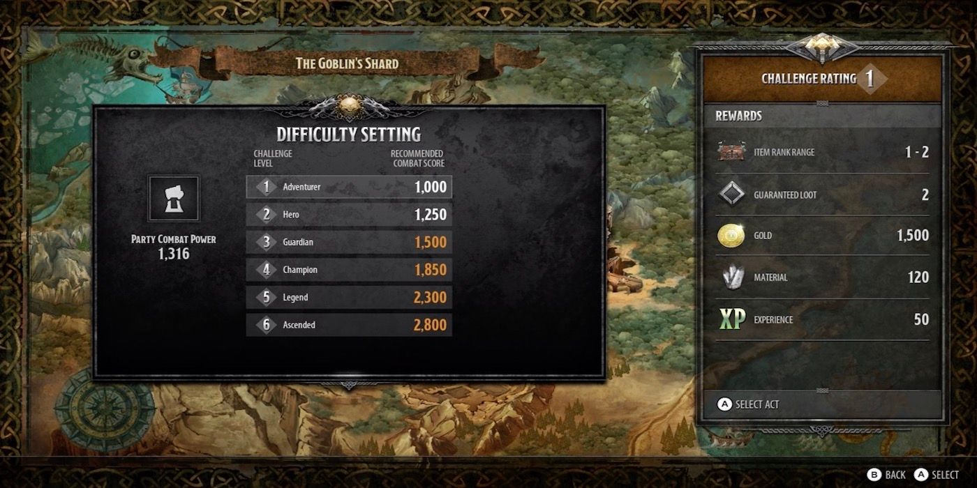 The difficulty settings menu from Dungeons & Dragons: Dark Alliance