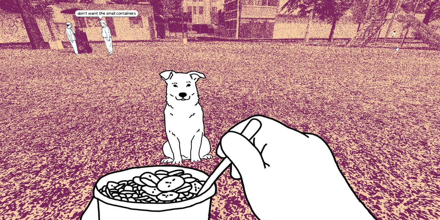 Персонаж игрока кладет еду для собаки.