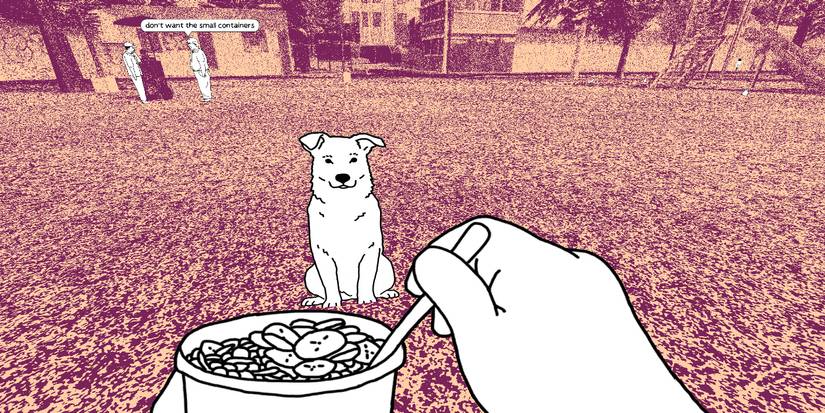 The player character spoons food for a dog.