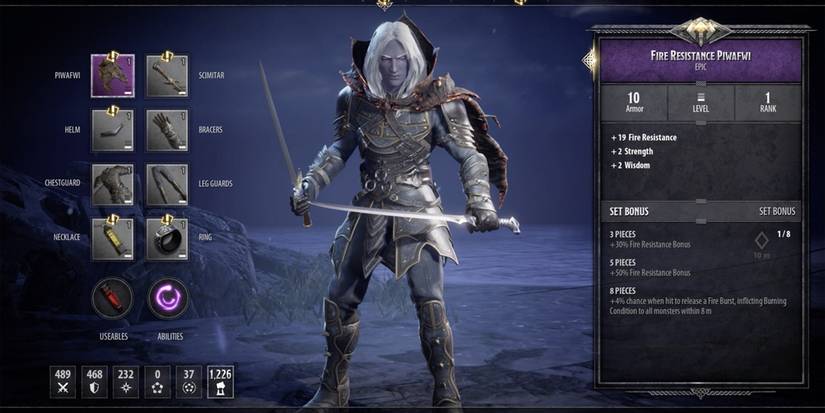 Dungeons & Dragons Dark Alliance gear menu game, Fire Resistance Piwafwi