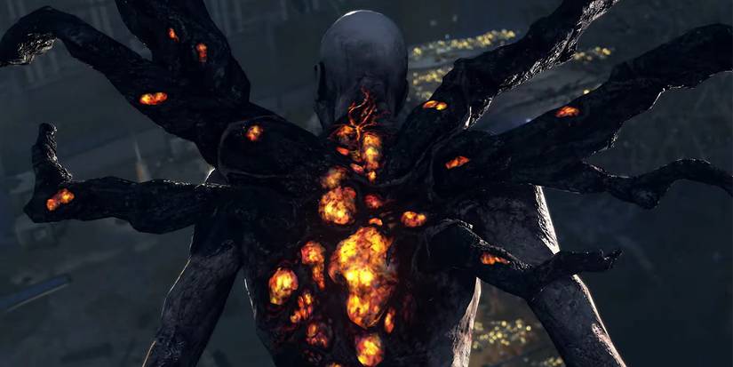 A zombie can be seen from behind with a glowing spine and arms growing out of his back