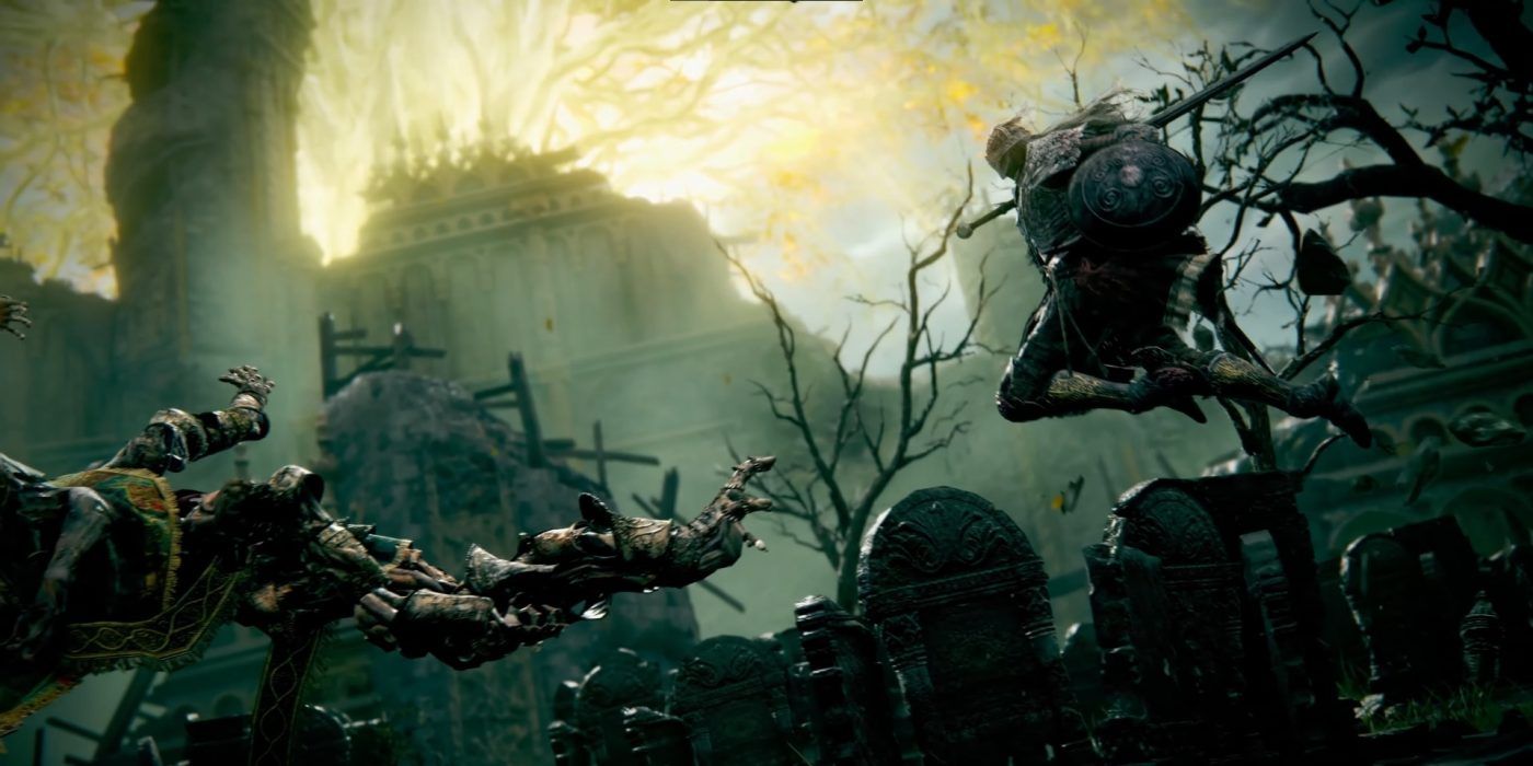 Protagonist performing a jump attack during a boss fight in Elden Ring