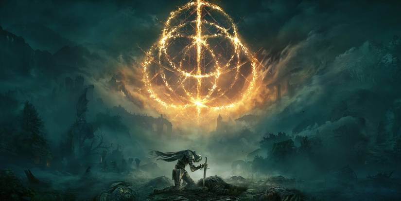 The Tarnished kneeling and planting their sword in the ground with the Elden Ring above