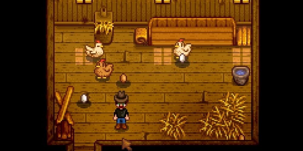 Player with chickens in coop.