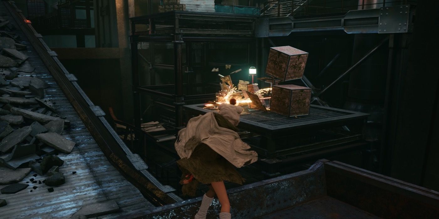 Exploring a factory in Final Fantasy VII Remake