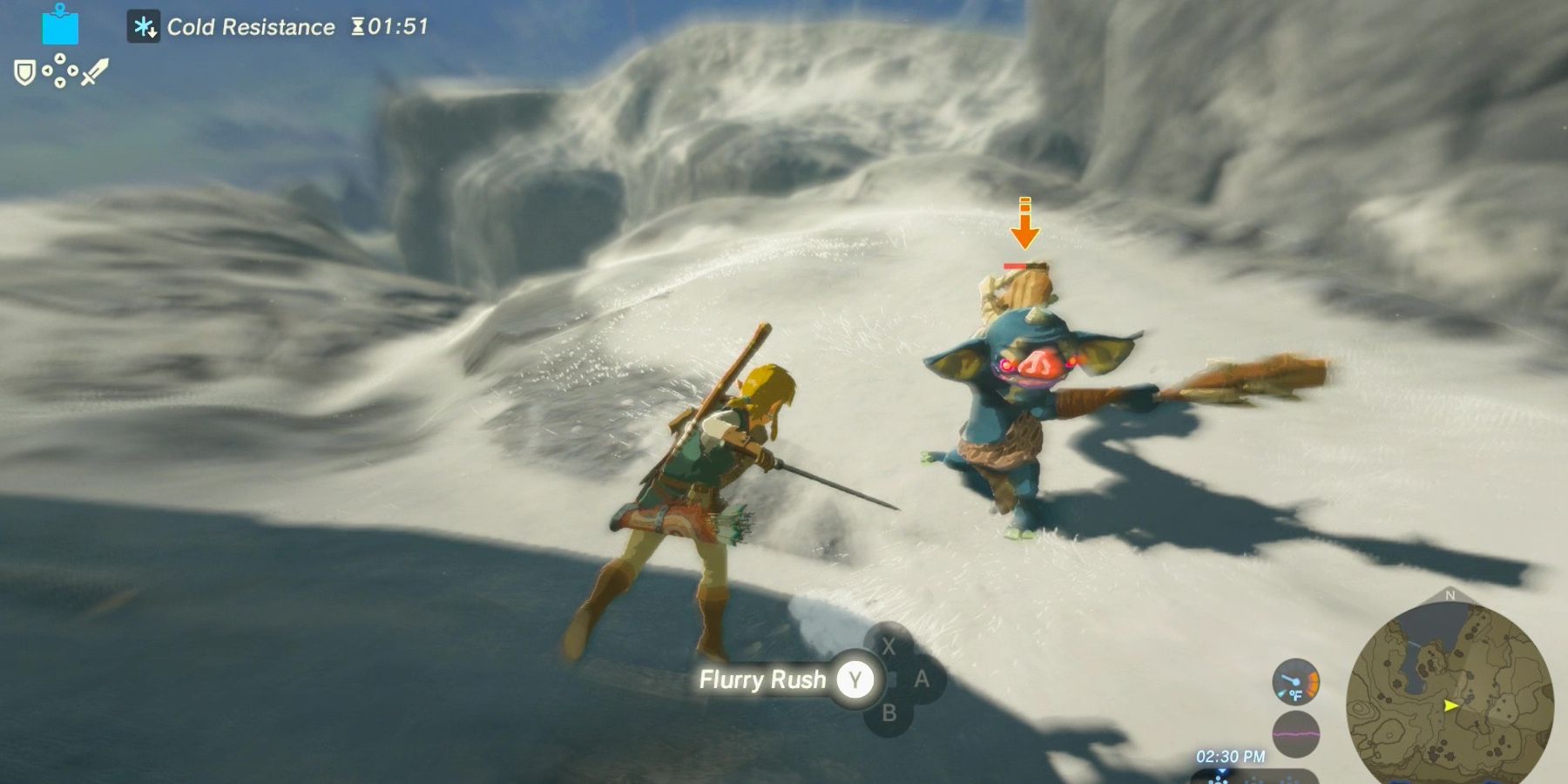 Link performing a flurry rush on cold mountaintop.