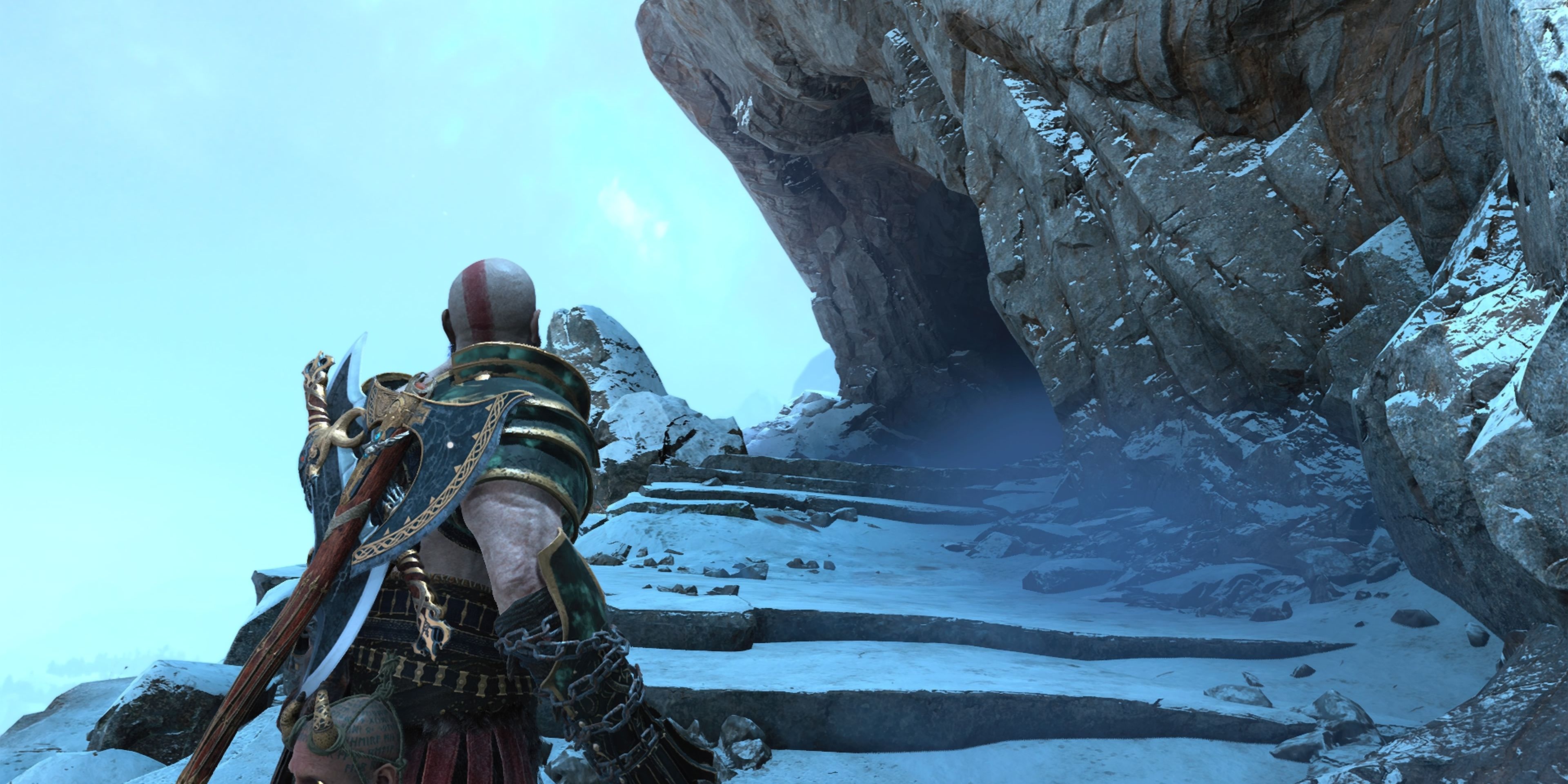 Walking along the side of the mountain in God Of War searching for Don't Blink Treasure