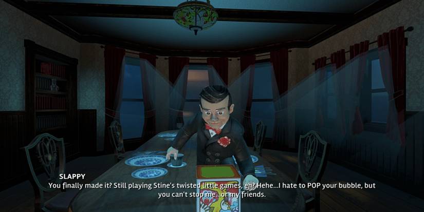 Goosebumps Dead of Night slappy dummy at dinner table in dark mansion