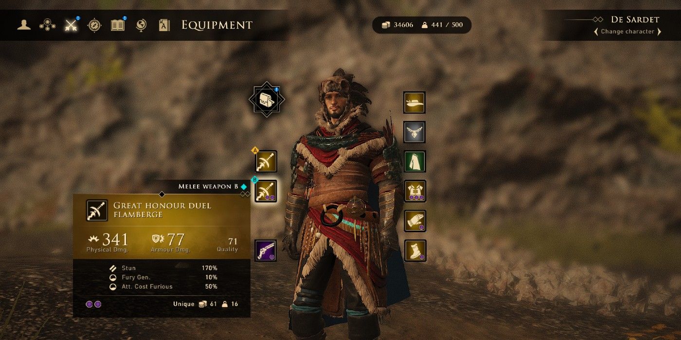 Character gear page, Greedfall